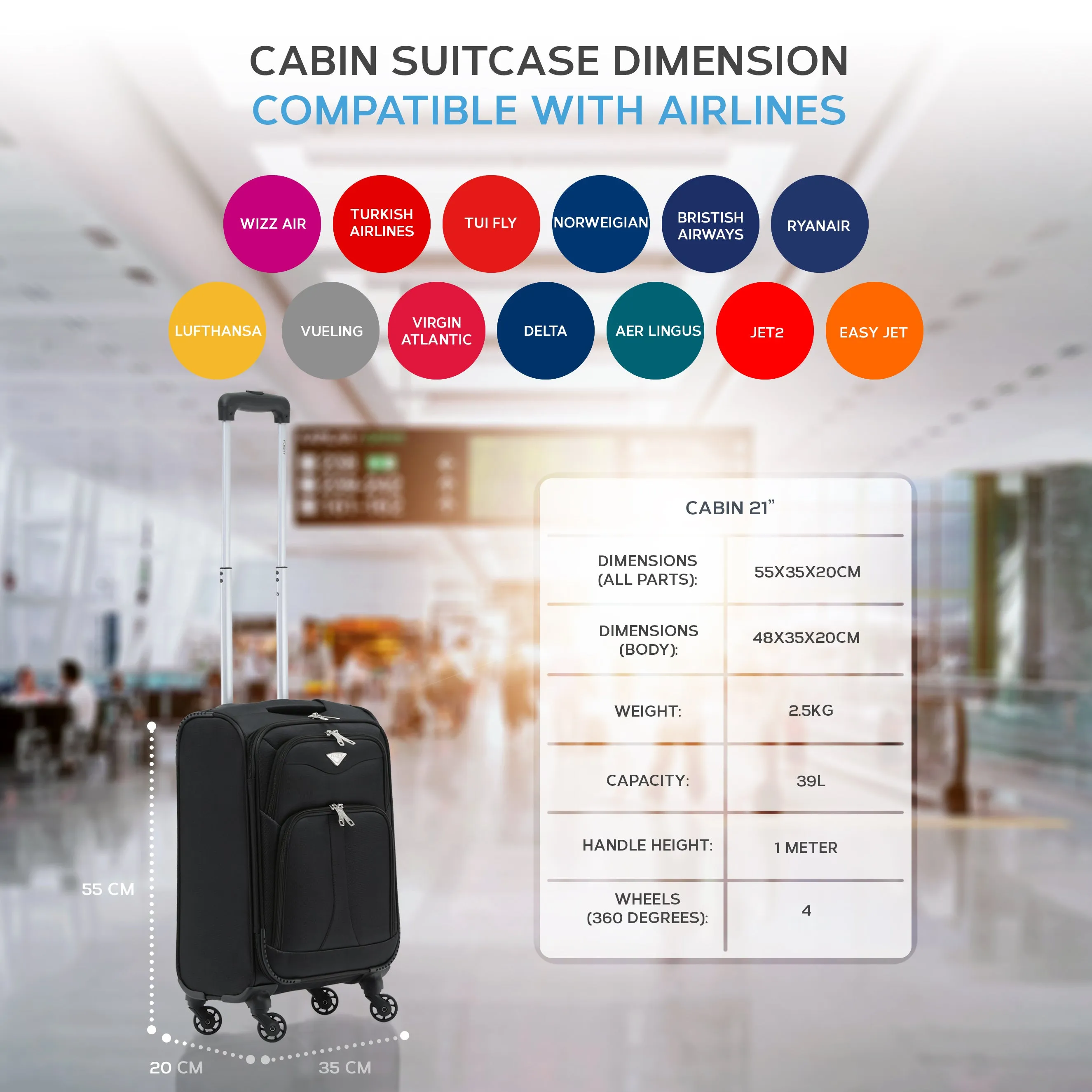 55x35x20cm Lightweight 4 Wheel Soft Case Suitcases Delta Maximum Size Cabin Case