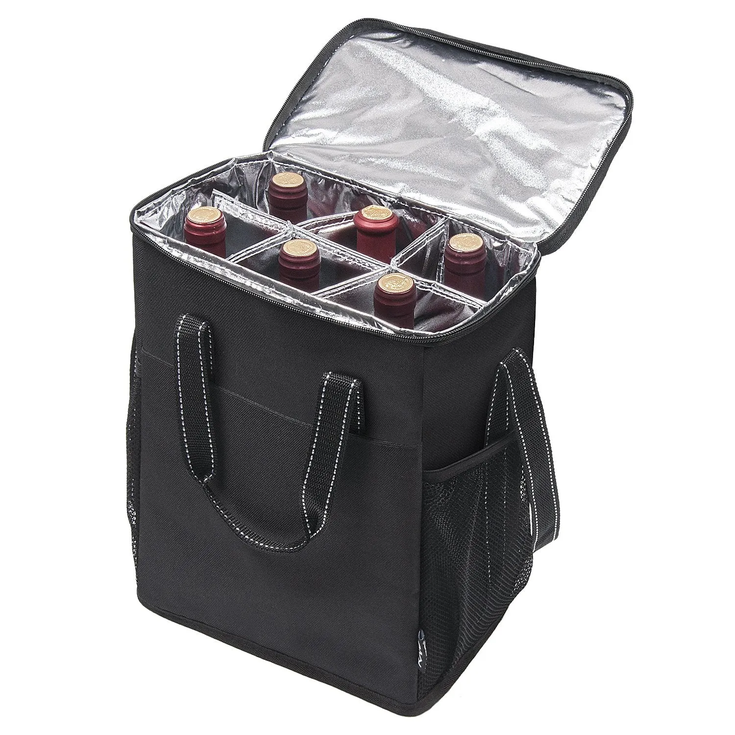 6 Bottle Wine Carrier - Insulated & Padded Wine Carrying Cooler Tote Bag with Handle and Adjustable Shoulder Strap for Travel or Picnic, IDEAL Wine Lover Gift, Black