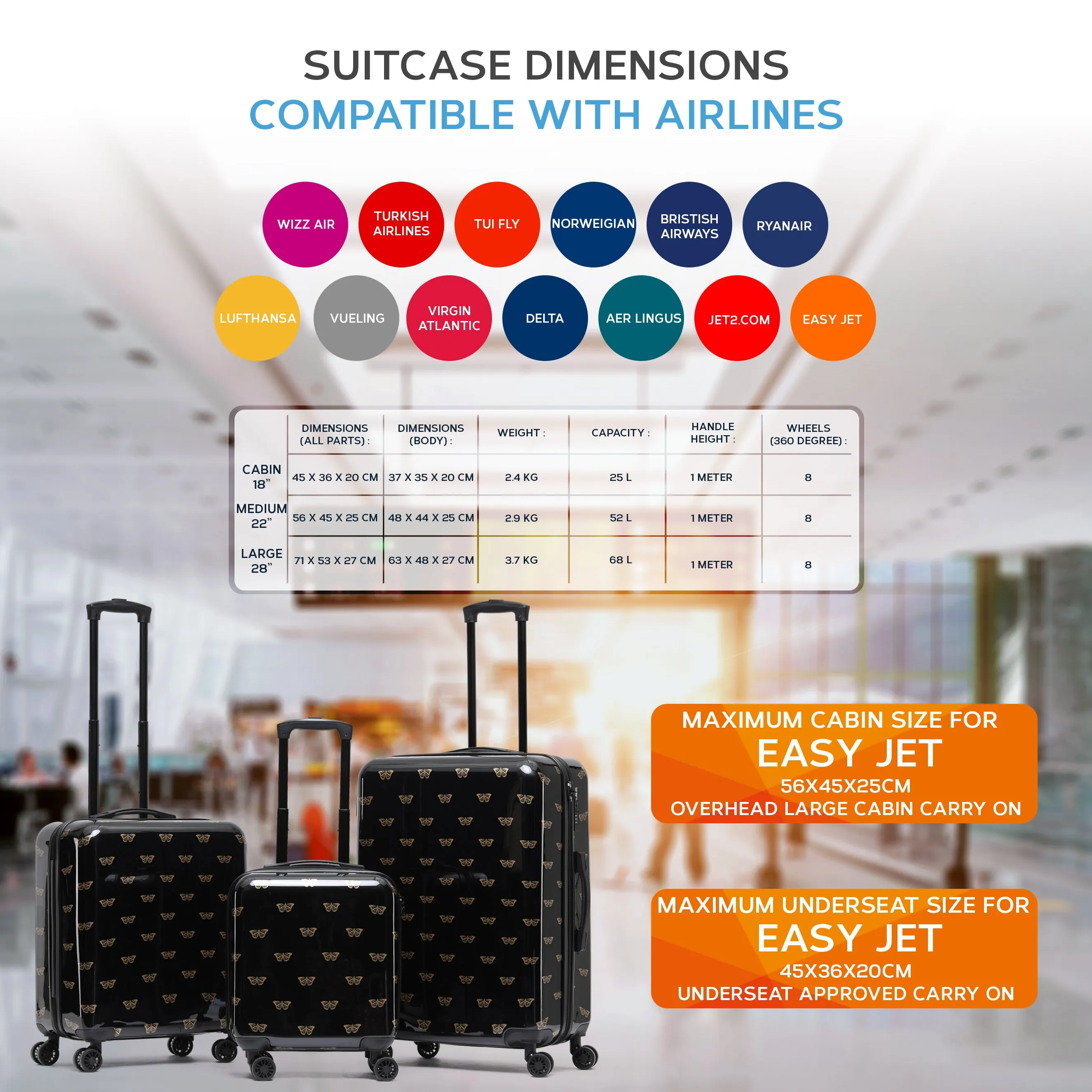 8 Wheel Hard Case Suitcases TSA Lock - Underseat Overhead Cabin & Large Check-in