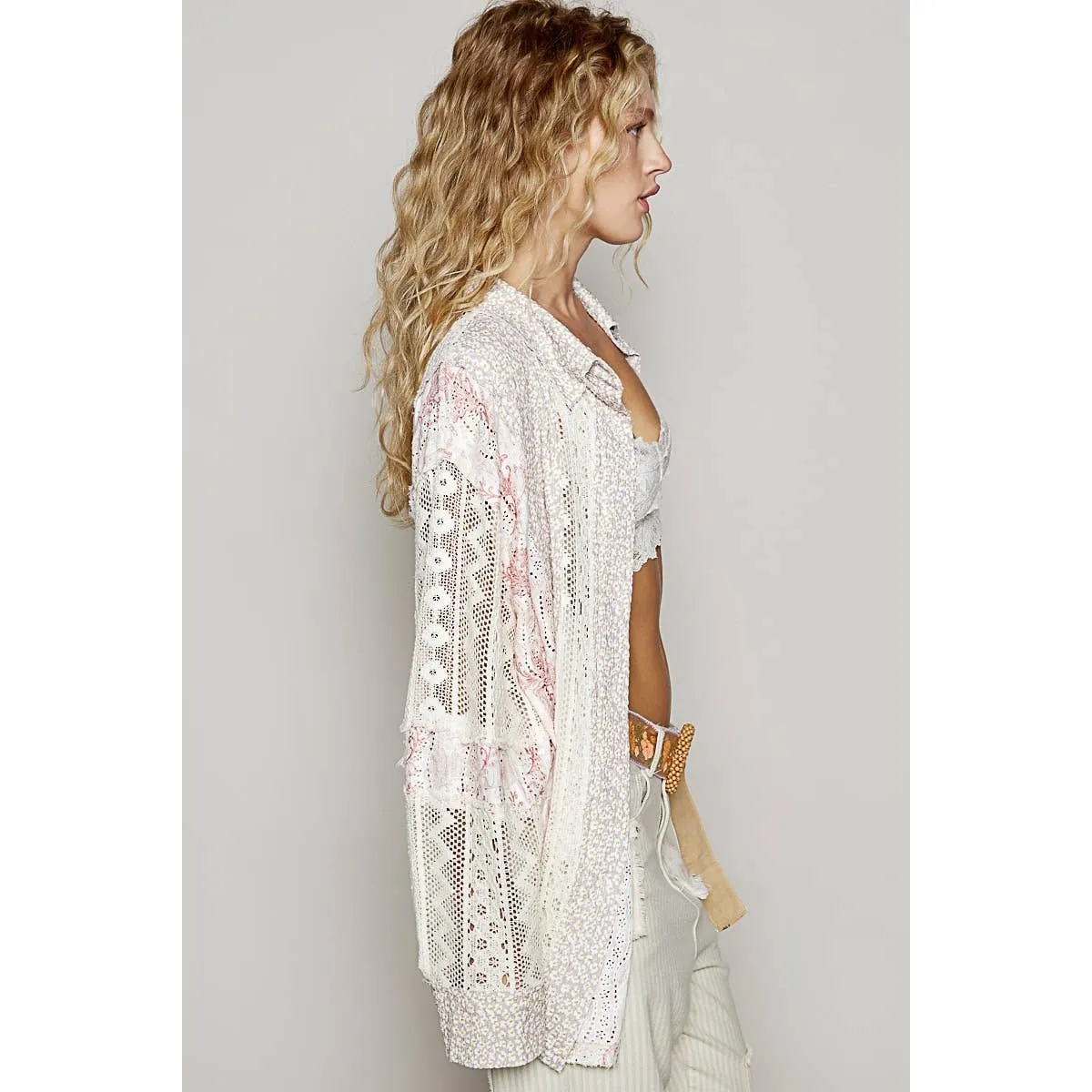 Beige Multi Vintage washed printed knit crochet contrast POL Shirt