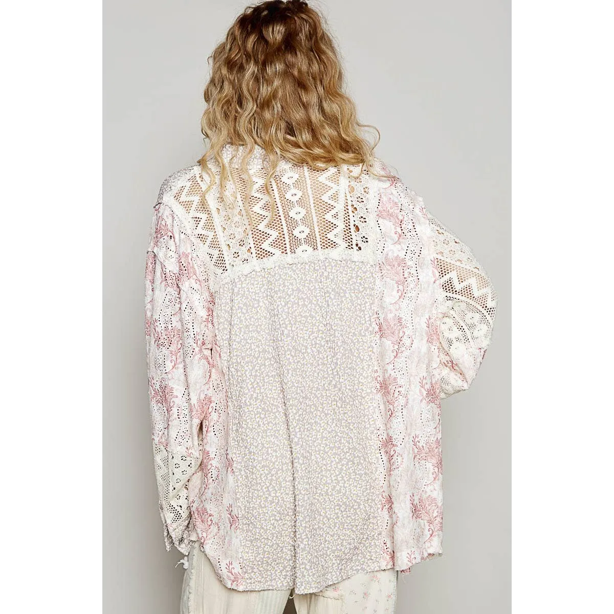 Beige Multi Vintage washed printed knit crochet contrast POL Shirt