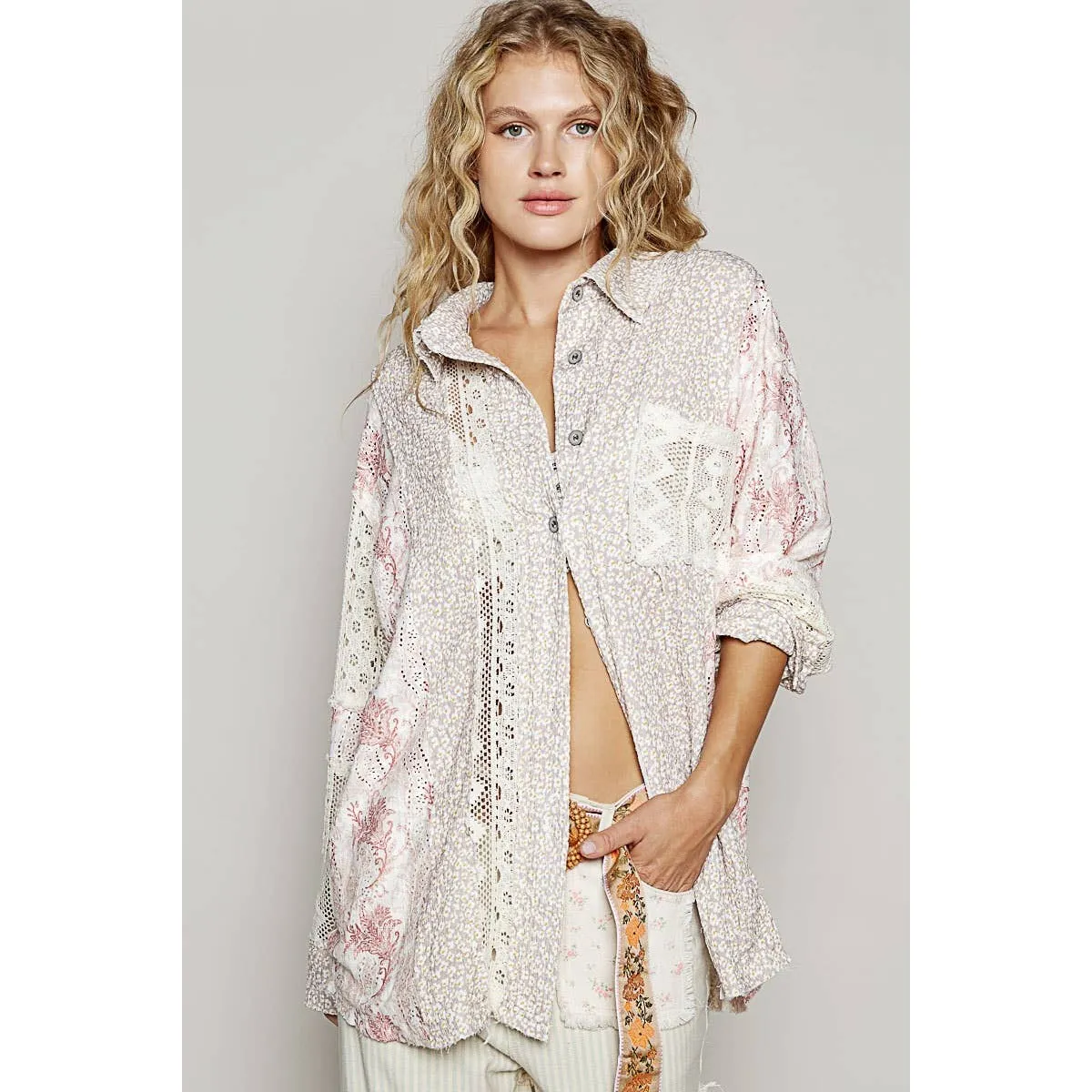Beige Multi Vintage washed printed knit crochet contrast POL Shirt
