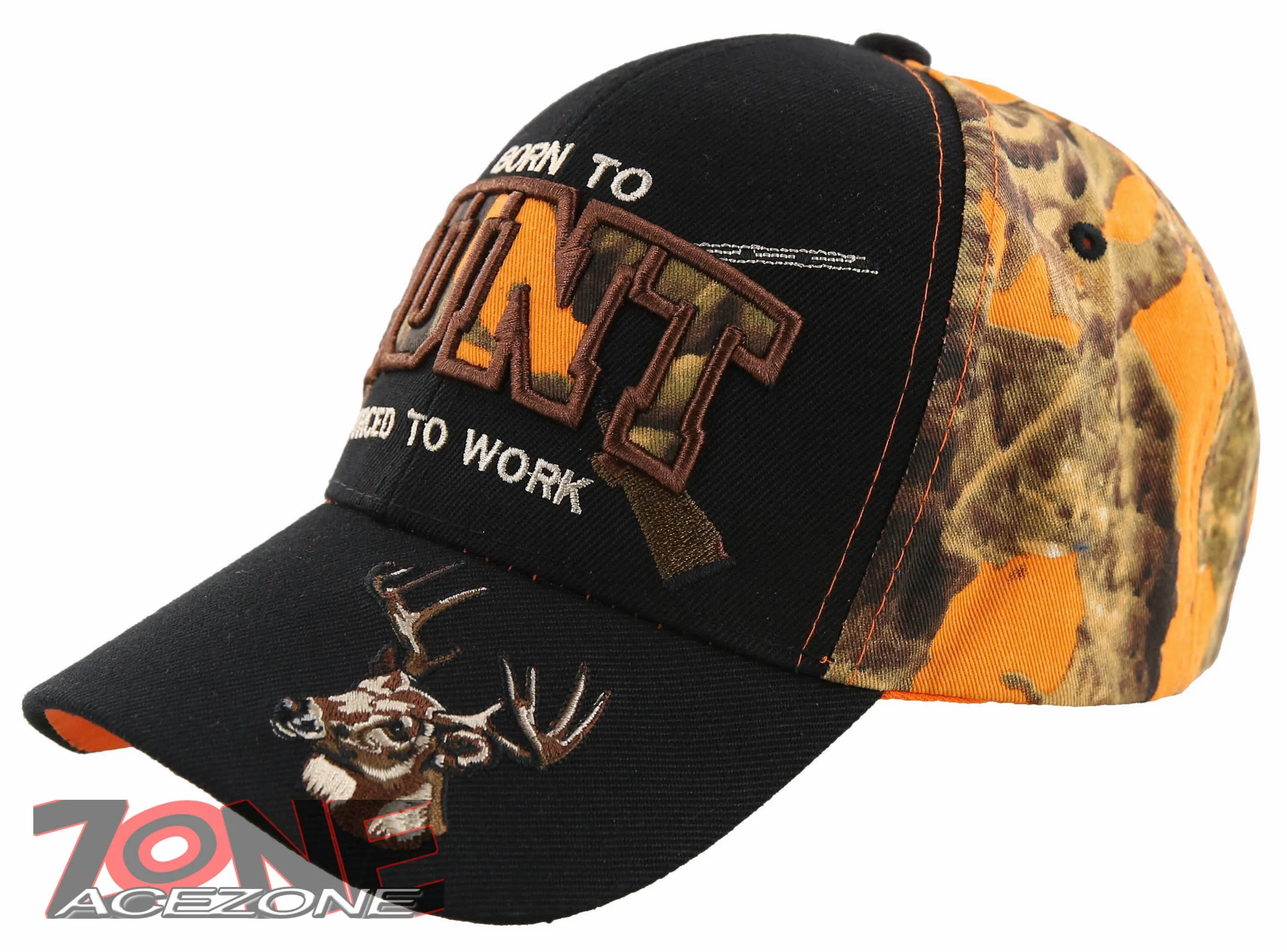 BORN TO HUNT FORCED TO WORK DEER BUCK HUNTING CAP HAT BLACK ORANGE CAMO