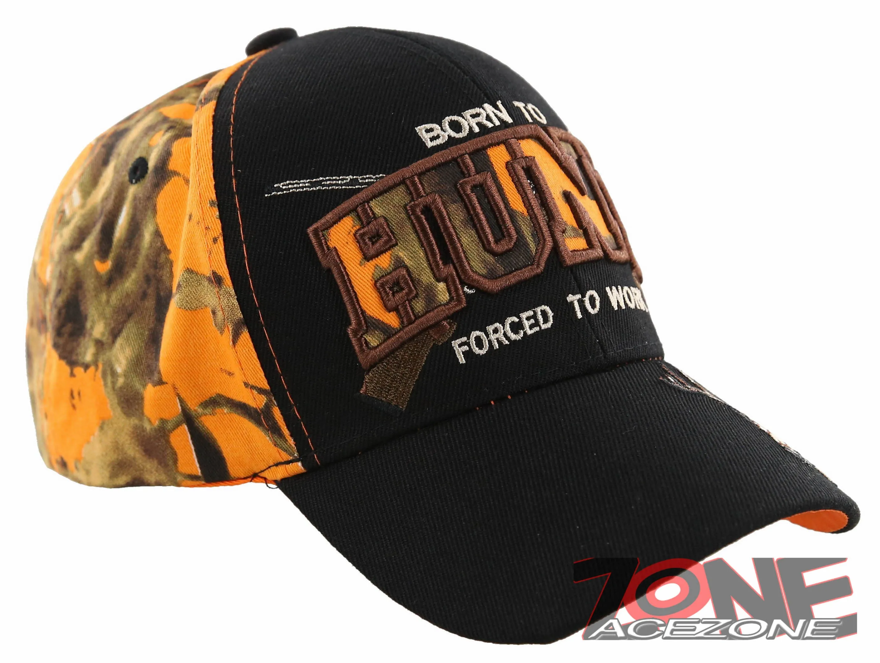 BORN TO HUNT FORCED TO WORK DEER BUCK HUNTING CAP HAT BLACK ORANGE CAMO