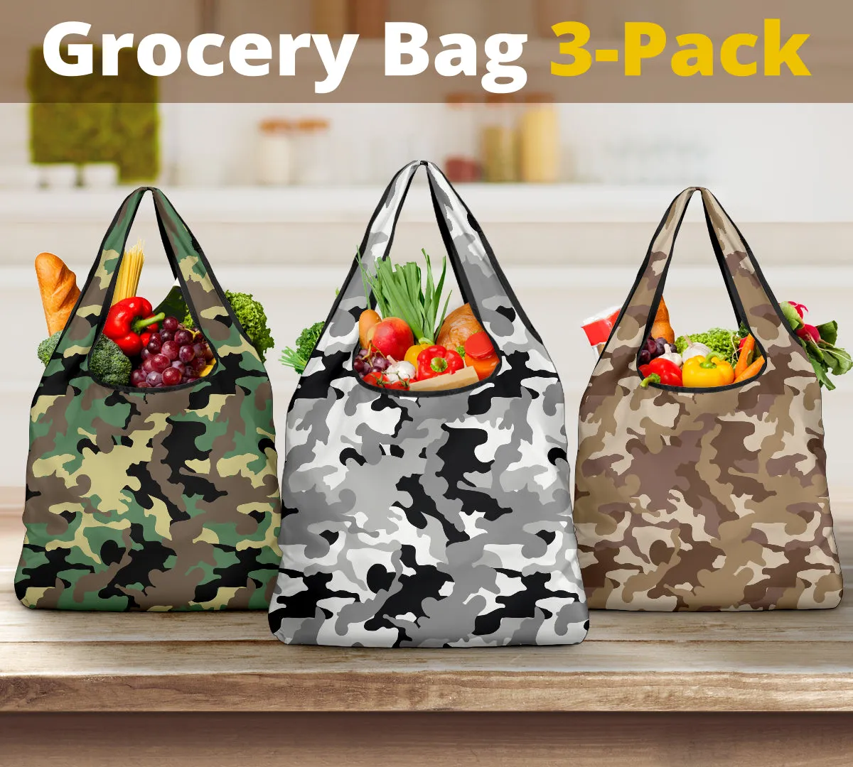 Camo Grocery Shopping Bags Pack of 3 In Green, Gray and Brown Camouflage Patterns