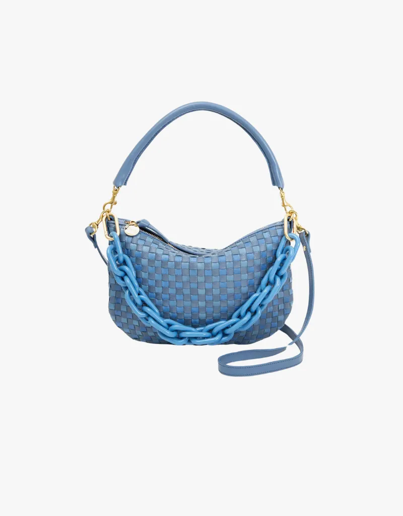 Clare V. Petite Moyen Messenger in Light Blue Woven Checker