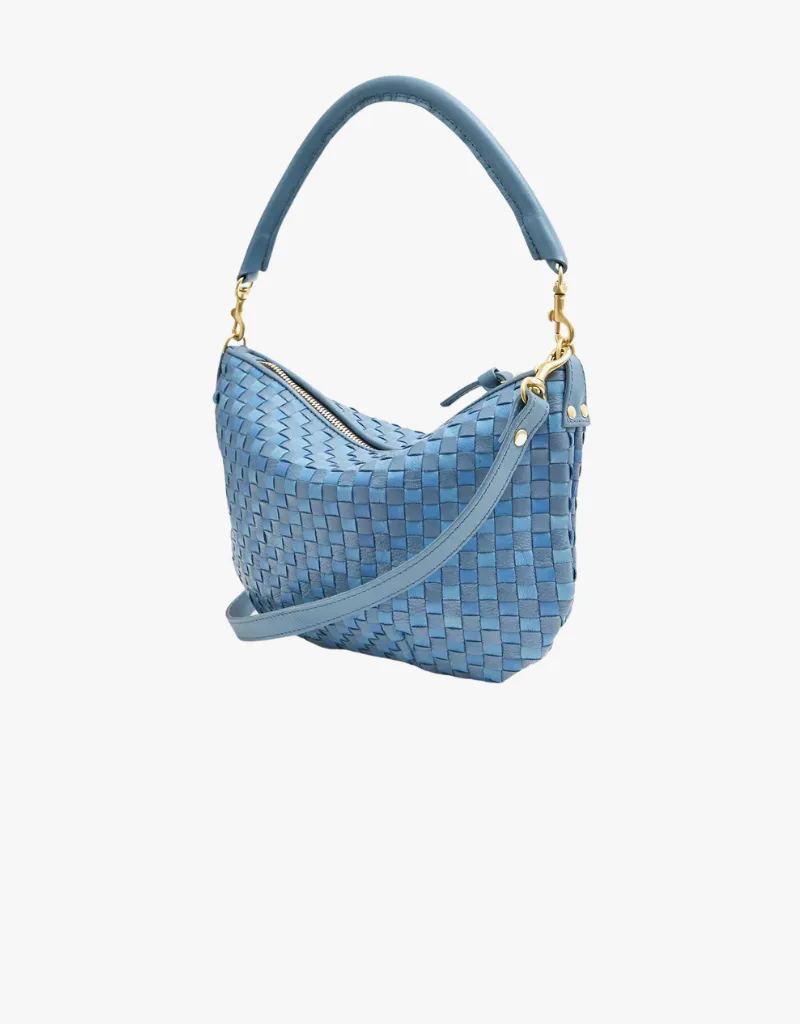 Clare V. Petite Moyen Messenger in Light Blue Woven Checker