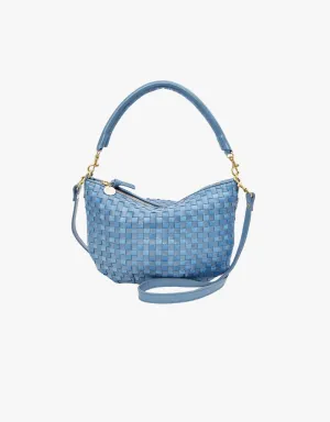 Clare V. Petite Moyen Messenger in Light Blue Woven Checker
