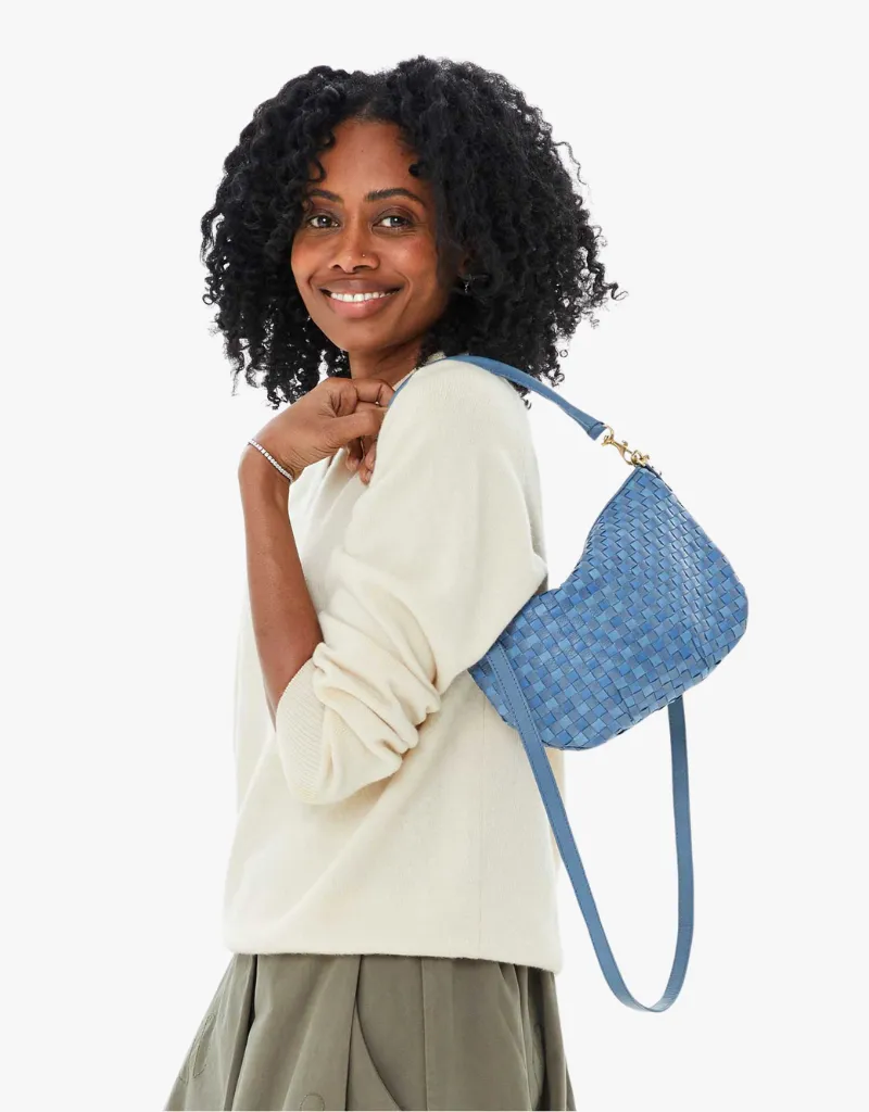 Clare V. Petite Moyen Messenger in Light Blue Woven Checker