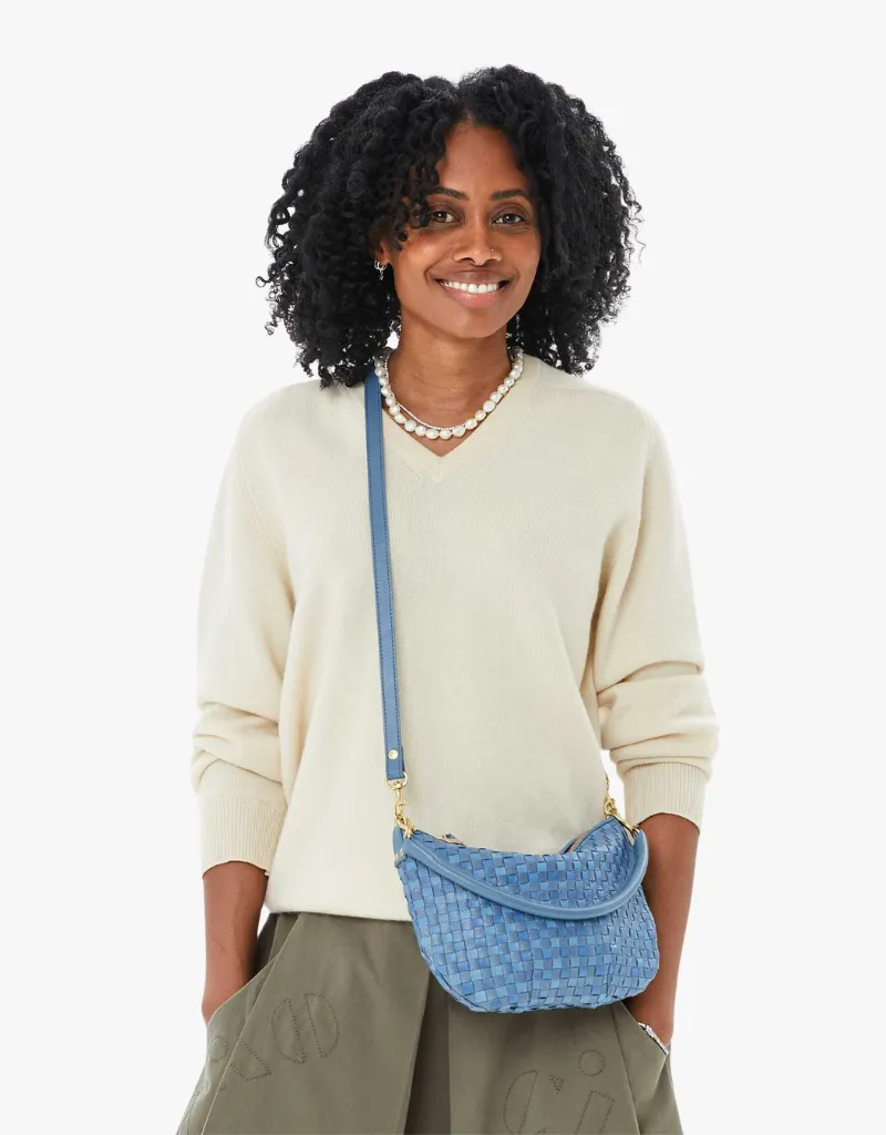 Clare V. Petite Moyen Messenger in Light Blue Woven Checker