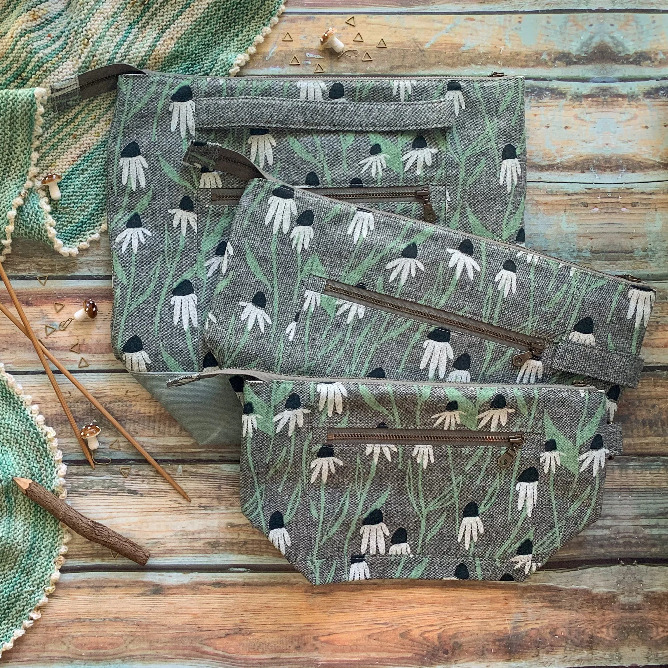 *Cone Flowers*- Ready to Ship- Zippered Knitting Project Bag