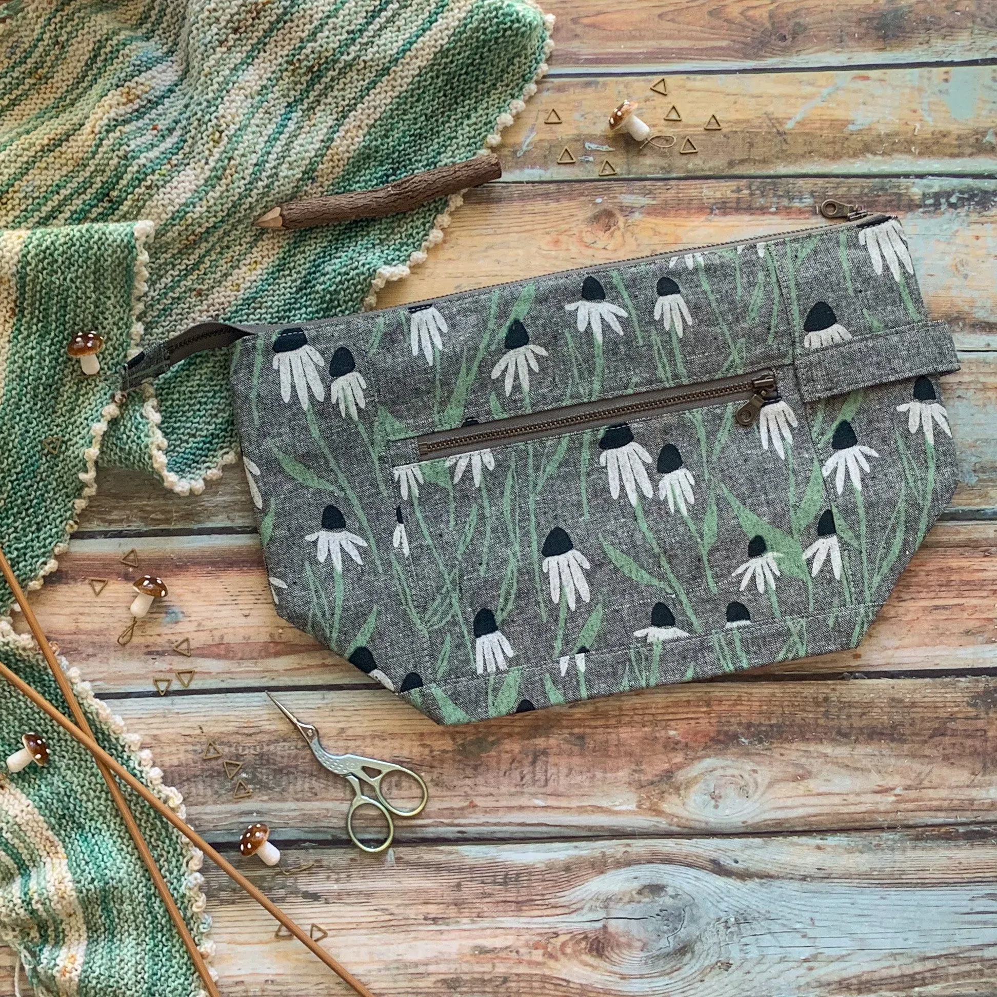 *Cone Flowers*- Ready to Ship- Zippered Knitting Project Bag
