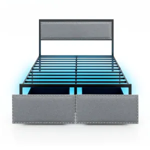 Full/Queen/Twin Size Bed Frame with LED Lights Drawer and Metal Slats-Full Size