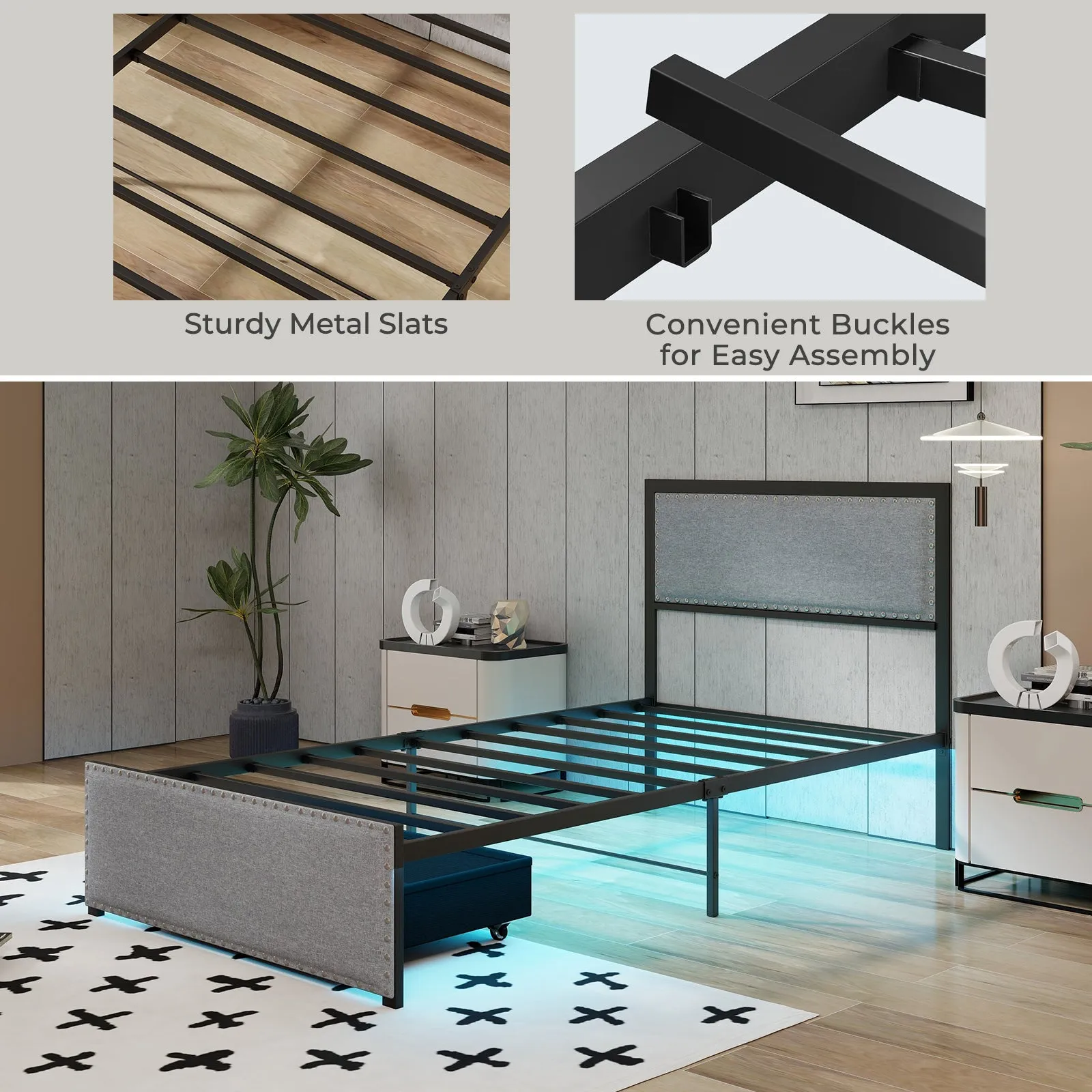 Full/Queen/Twin Size Bed Frame with LED Lights Drawer and Metal Slats-Twin Size