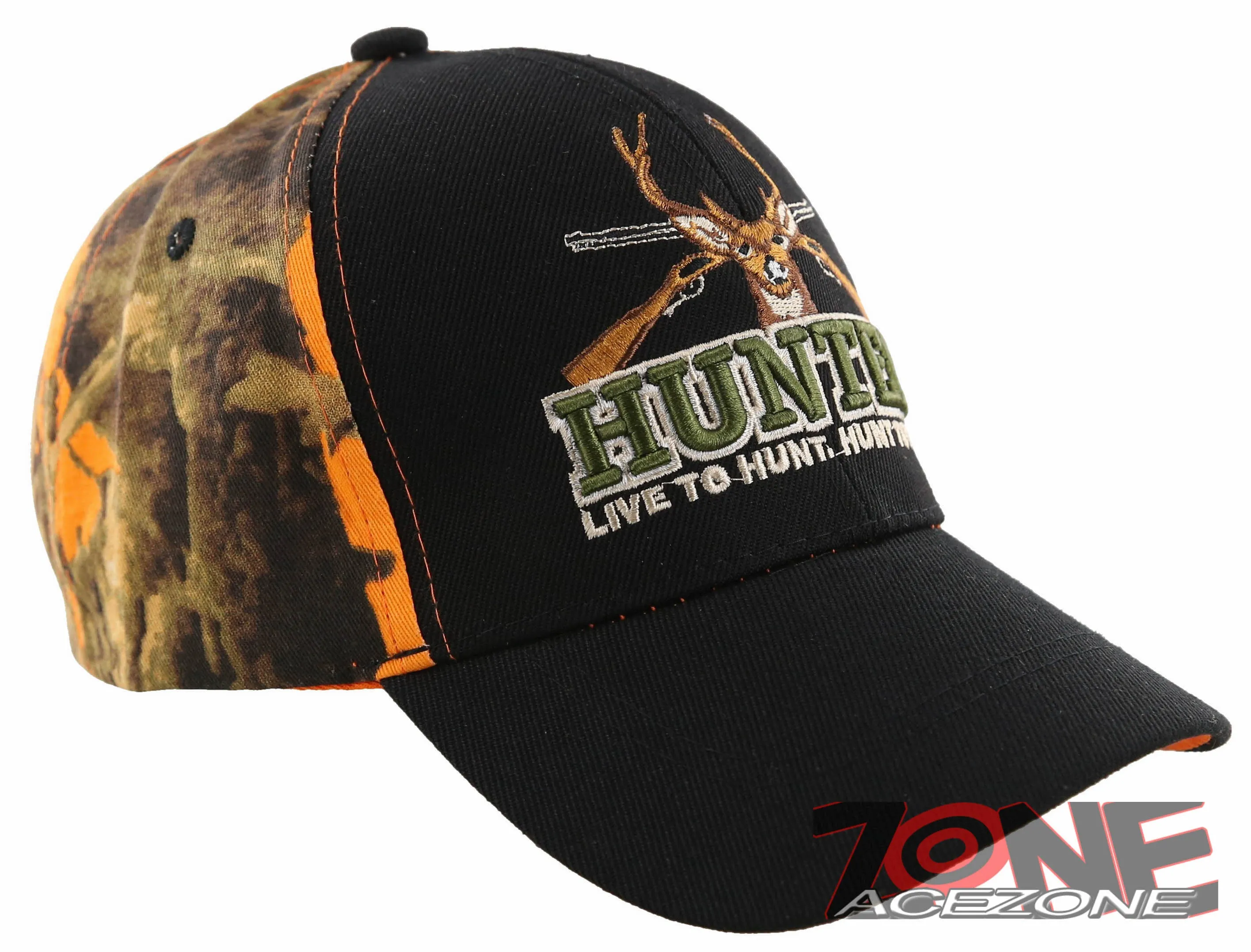 HUNTER LIVE TO HUNT DEER BUCK OUTDOOR SPORTS CAP HAT BLACK ORANGE CAMO