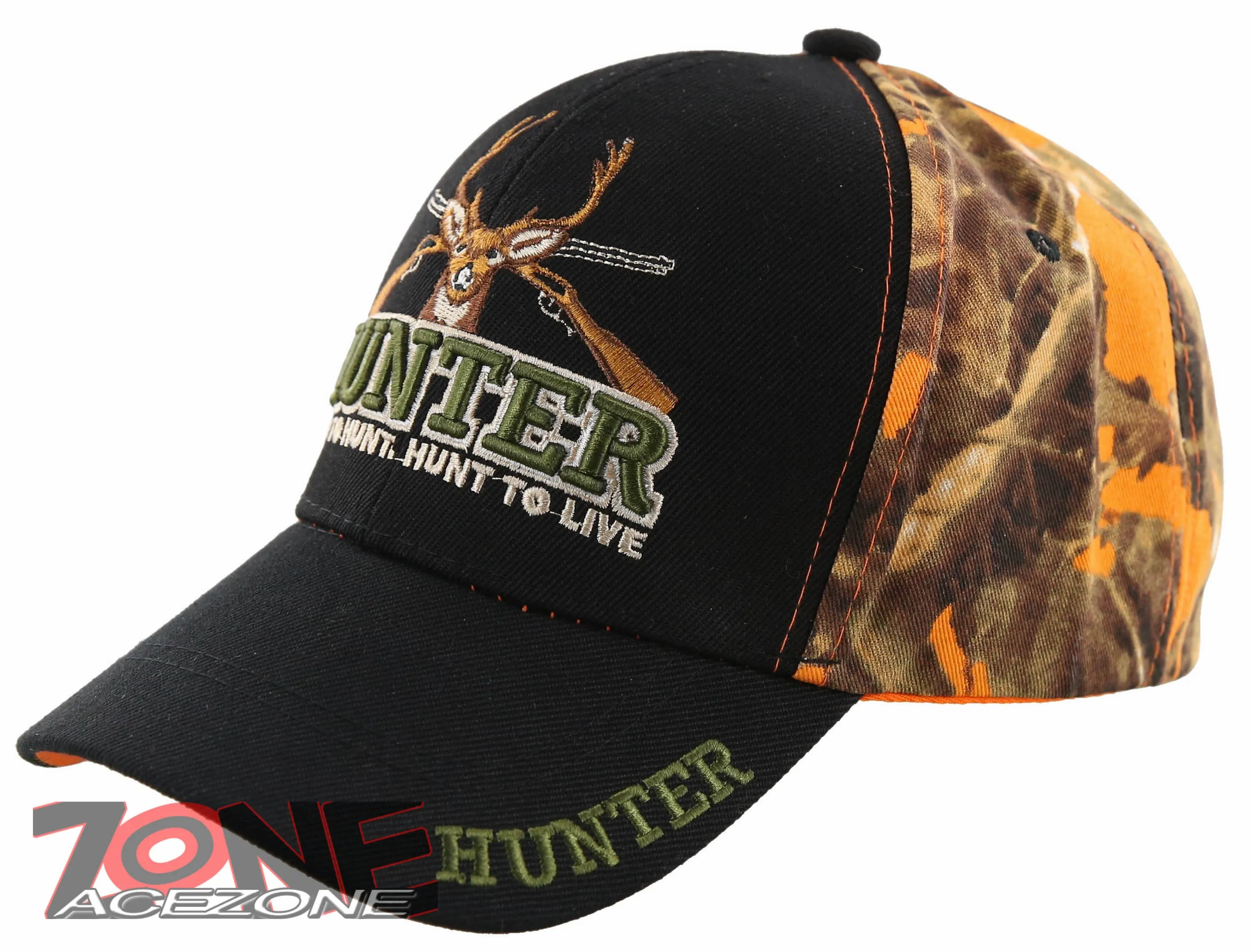 HUNTER LIVE TO HUNT DEER BUCK OUTDOOR SPORTS CAP HAT BLACK ORANGE CAMO