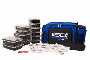 Isolator Fitness 6 Meal ISOBAG Meal Prep Management Insulated Lunch Bag Cooler with 12 Stackable Meal Prep Containers, 3 ISOBRICKS, and Shoulder Strap - MADE IN USA (Blue/Black Accent)