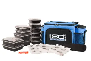 Isolator Fitness 6 Meal ISOBAG Meal Prep Management Insulated Lunch Bag Cooler with 12 Stackable Meal Prep Containers, 3 ISOBRICKS, and Shoulder Strap - MADE IN USA (Light Blue/Black)