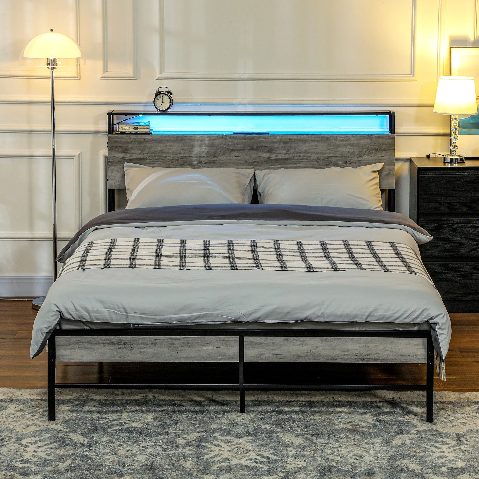 LED King Bed Frame with Charging Station, 150 x 200cm, Cement Grey