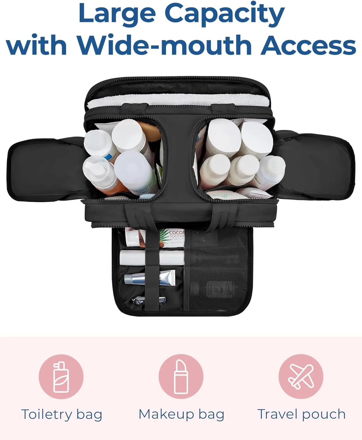 Lightweight Wide-open Travel Toiletry Bag for Women with Handle