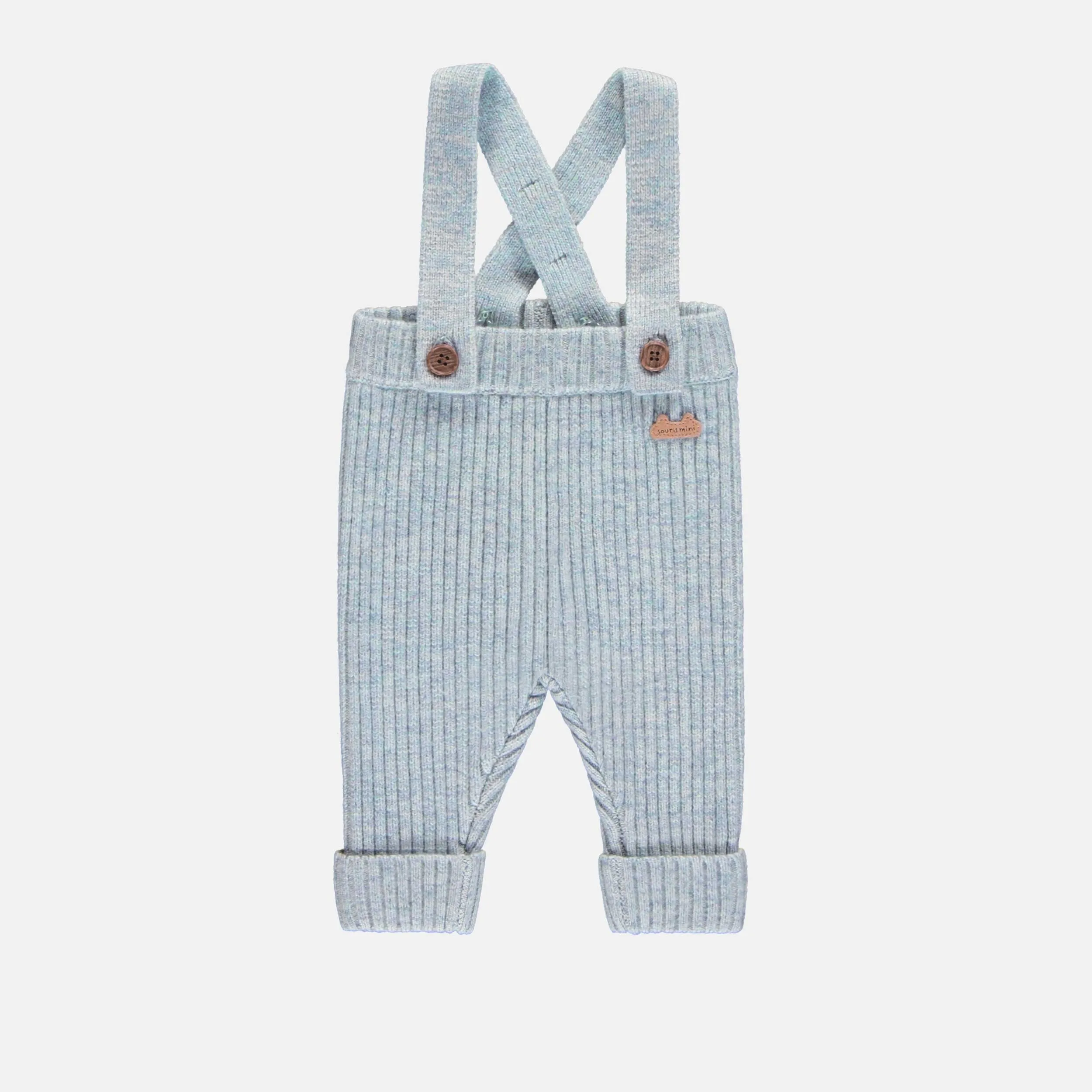 Pantalon en tricot bleu pâle chiné à bretelles effet angora, naissance || Light blue mottled knit pants with straps in angora-effect, newborn