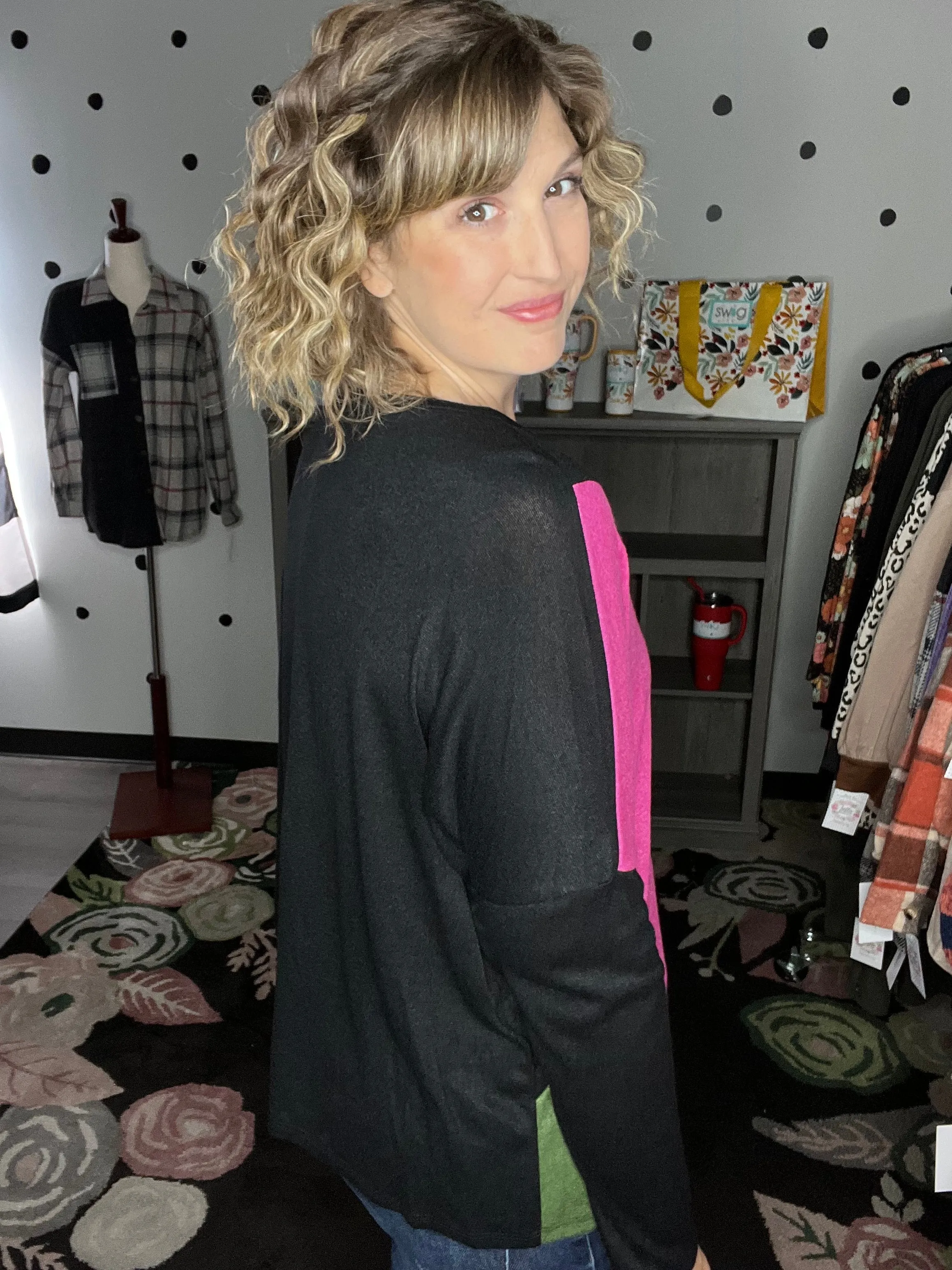 Pink & Olive Asymmetrical Dolman Sweater
