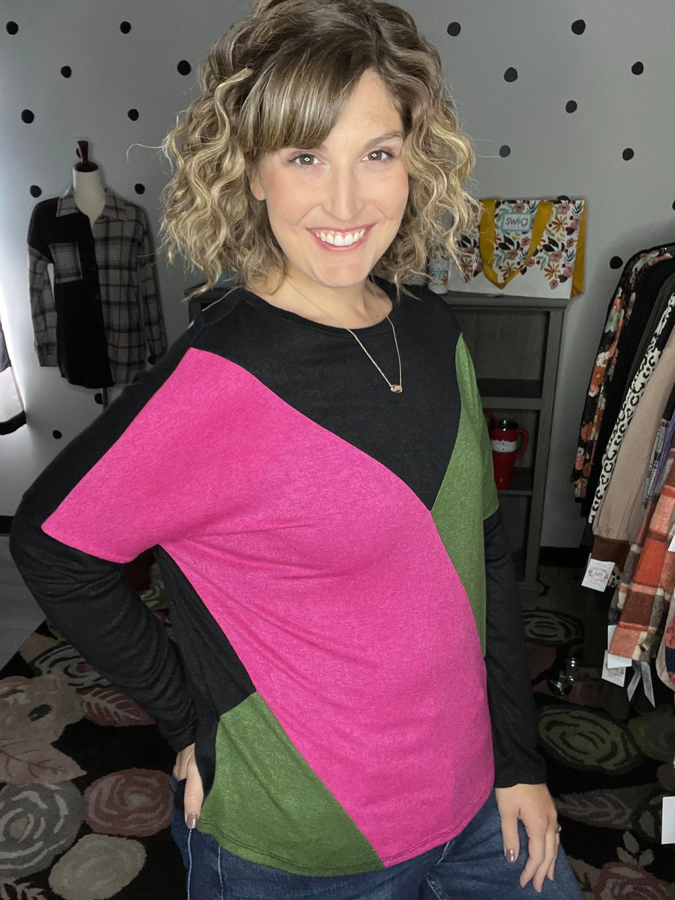 Pink & Olive Asymmetrical Dolman Sweater