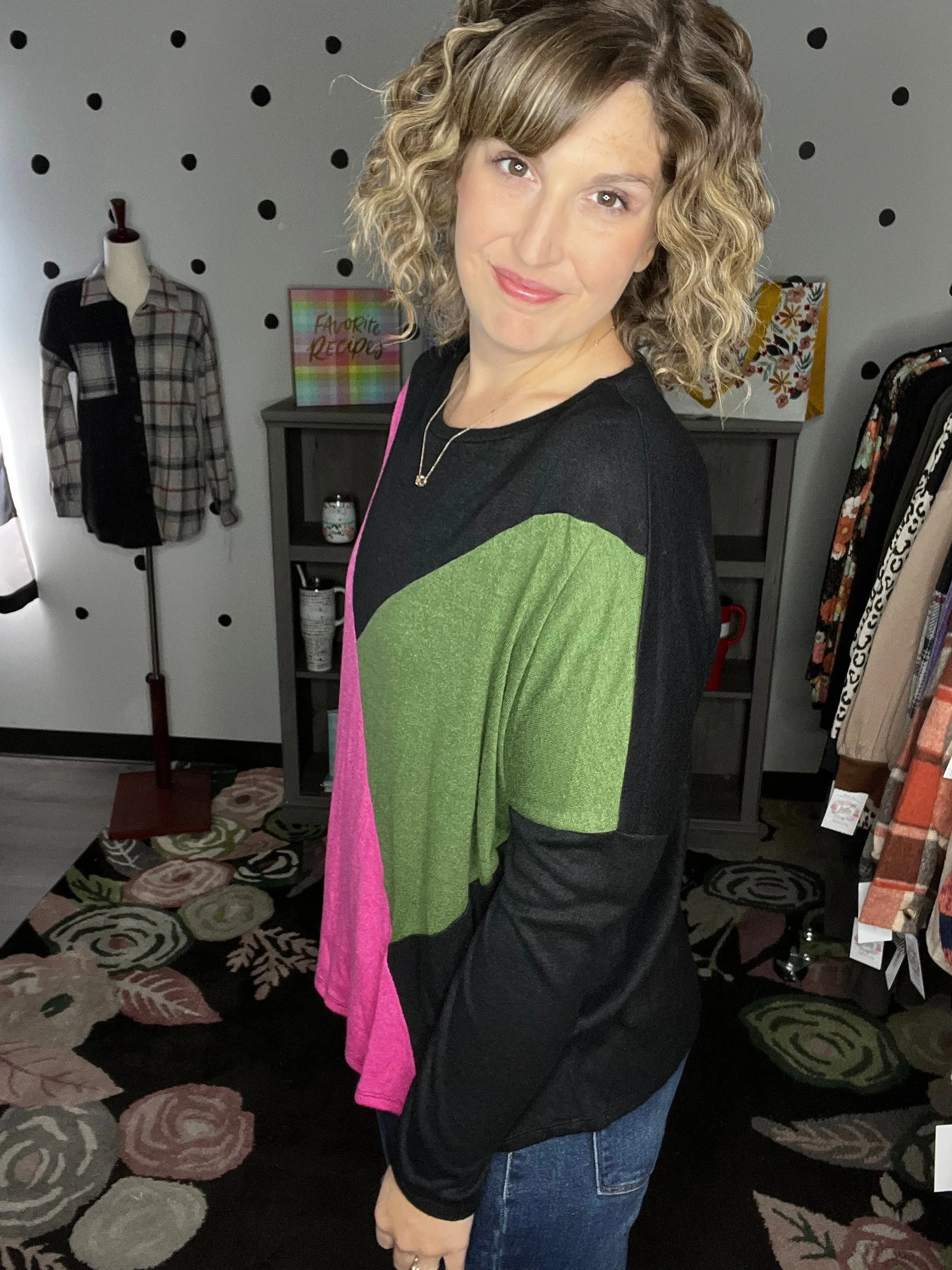 Pink & Olive Asymmetrical Dolman Sweater