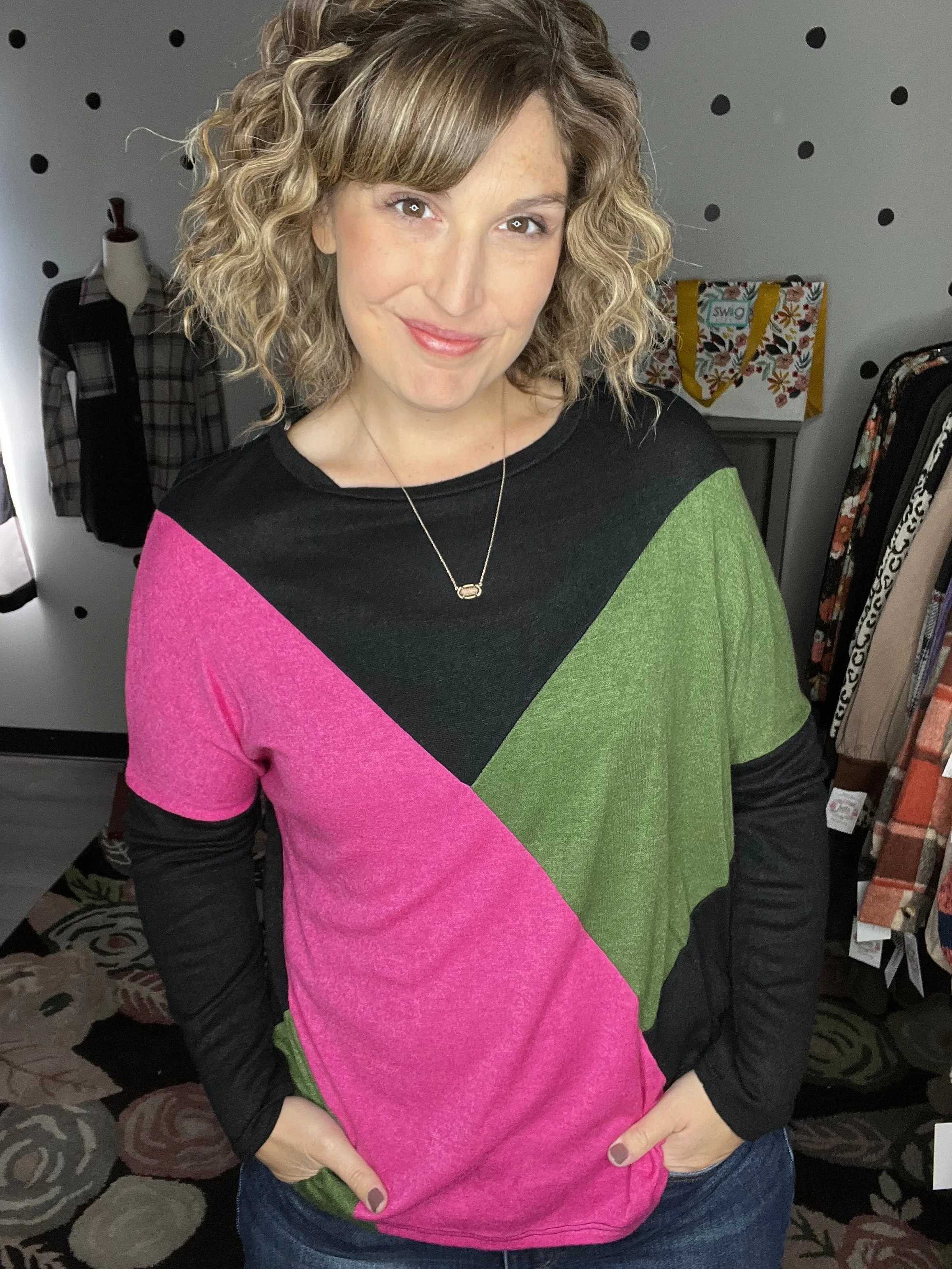 Pink & Olive Asymmetrical Dolman Sweater