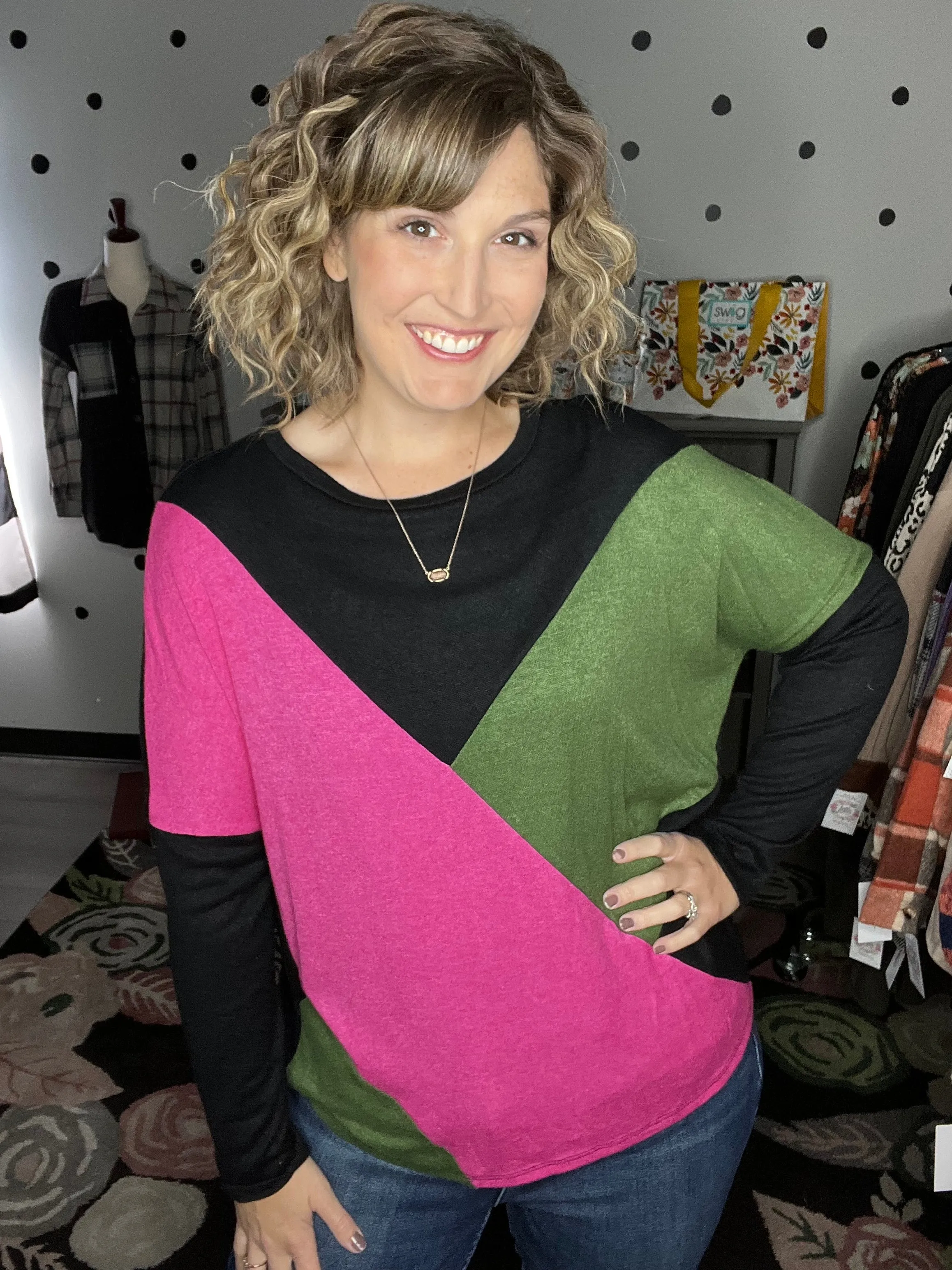 Pink & Olive Asymmetrical Dolman Sweater