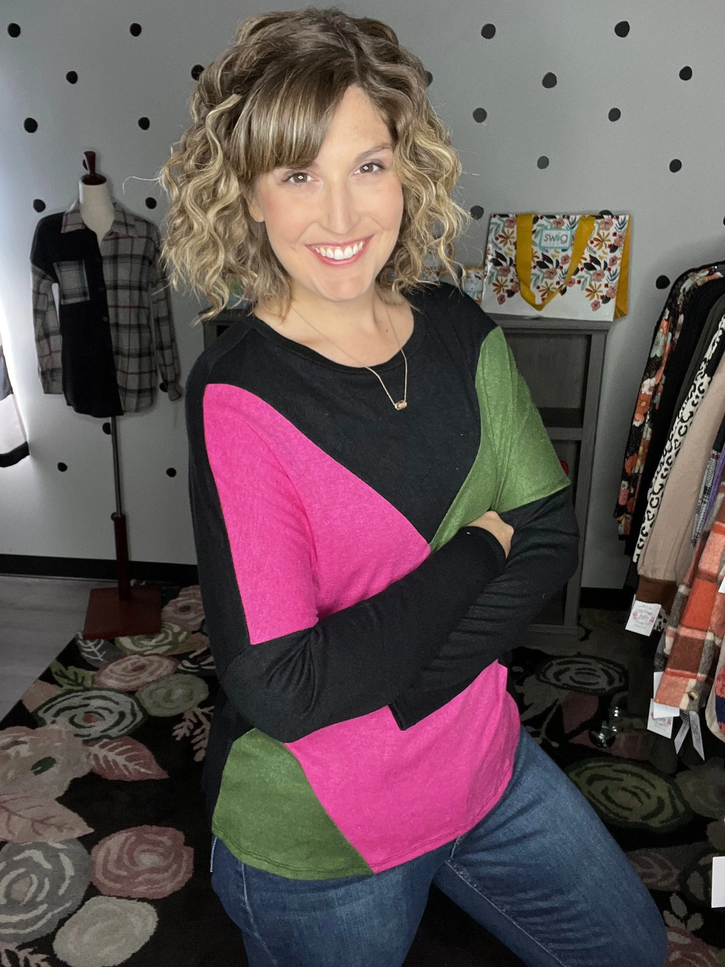 Pink & Olive Asymmetrical Dolman Sweater