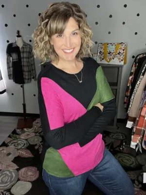 Pink & Olive Asymmetrical Dolman Sweater