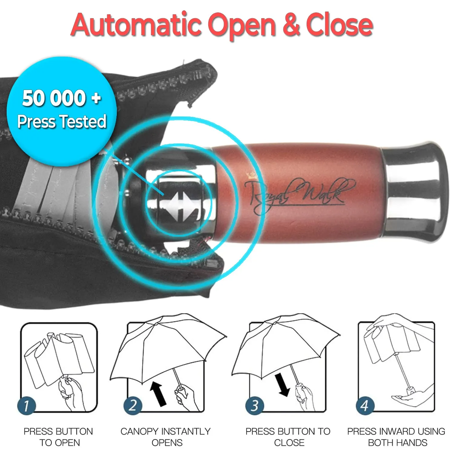Royal Walk Windproof Travel Umbrella with Wood Handle