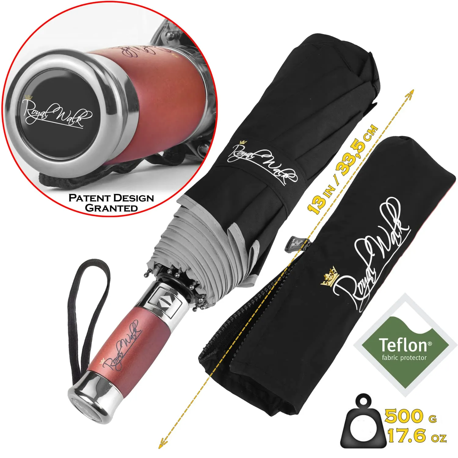 Royal Walk Windproof Travel Umbrella with Wood Handle