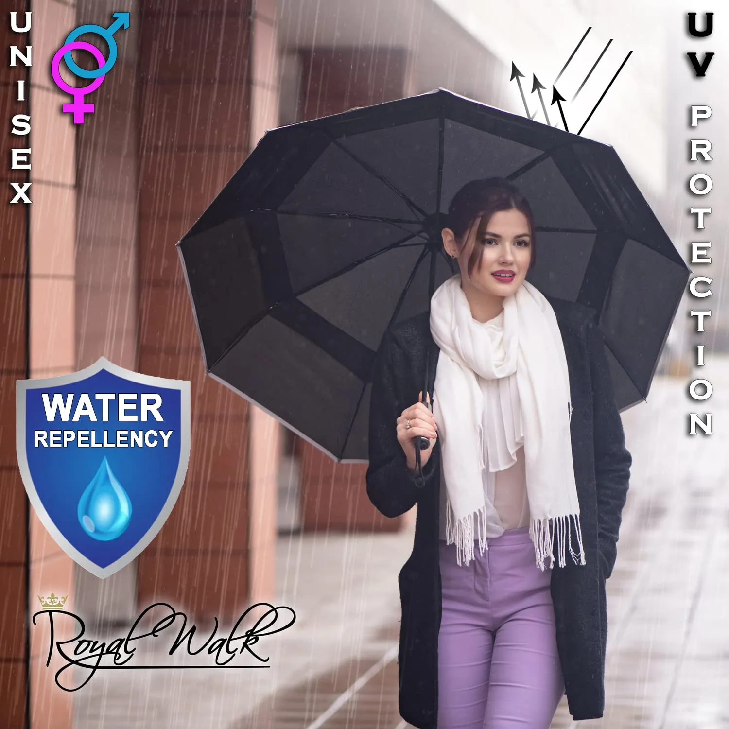 Royal Walk Windproof Travel Umbrella with Wood Handle