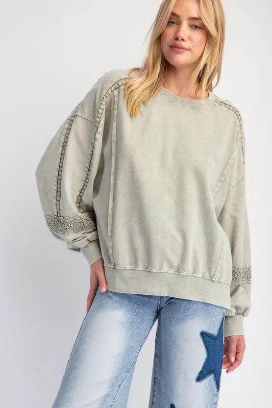 Sage Raglan Lace Crochet Vintage Washed Long Sleeve