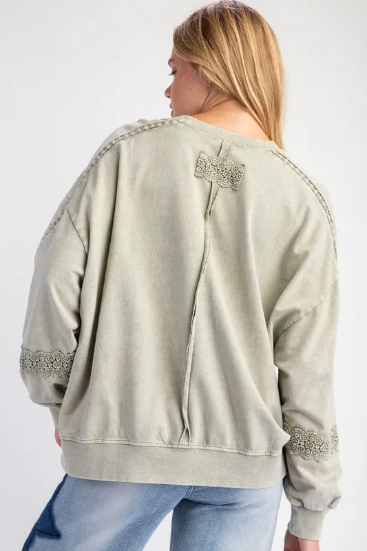 Sage Raglan Lace Crochet Vintage Washed Long Sleeve