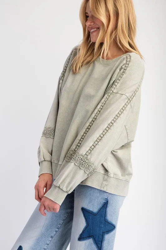 Sage Raglan Lace Crochet Vintage Washed Long Sleeve