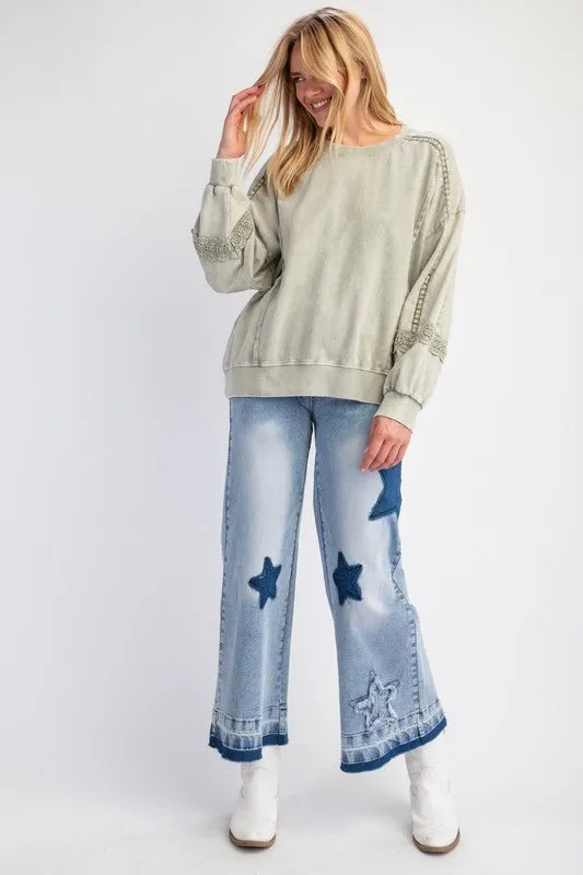 Sage Raglan Lace Crochet Vintage Washed Long Sleeve