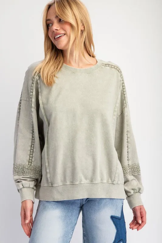 Sage Raglan Lace Crochet Vintage Washed Long Sleeve