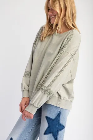 Sage Raglan Lace Crochet Vintage Washed Long Sleeve