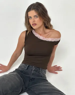 Soleh One Shoulder Top in Brown Slinky with Pink Lace