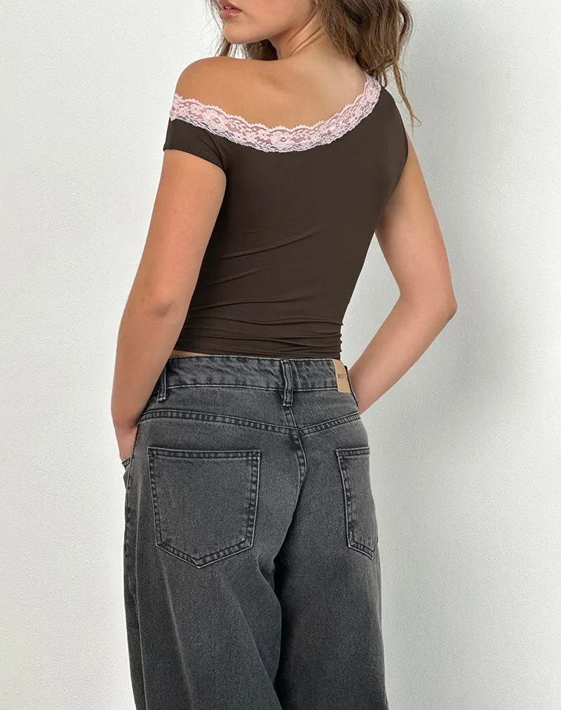 Soleh One Shoulder Top in Brown Slinky with Pink Lace
