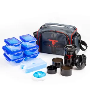 ThinkFit Insulated Lunch Box (Red/Blue) With 6 Portion Control Containers, Reusable Ice Pack, Pill Box, Shaker Cup, Shoulder Strap and Extra Storage Pocket Best Lunchbox for Meal Prep