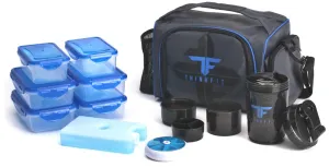 ThinkFit Insulated Lunch Boxes with 6 Portion Control Containers, Reusable Ice Pack, Pill Box, Shaker Cup, Shoulder Strap and Extra Storage Pocket (Blue) for Meal Prep