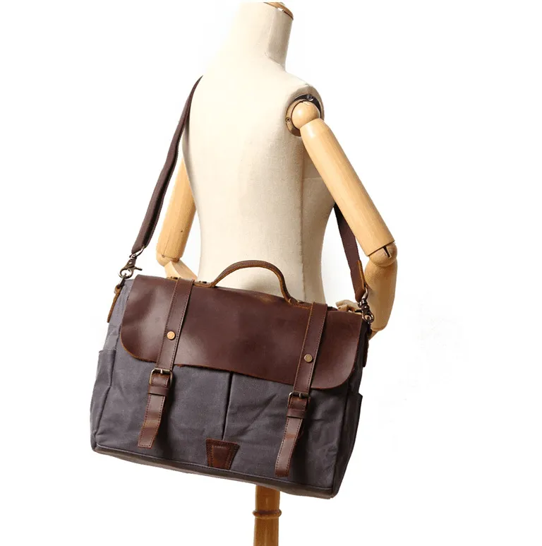Woosir Crossbody Laptop Bag Mens Canvas and Leather