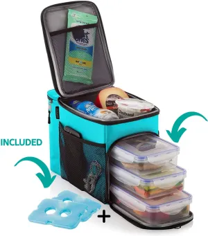 ZUZURO Lunch Bag Insulated Cooler Lunch Box w/ 3 Compartment - Heavy-Duty Fabric, Strong SBS Zippers - Includes 3 Meal Prep Lunch box Containers   2 Ice Packs. For Men Women Adults (Turquoise)