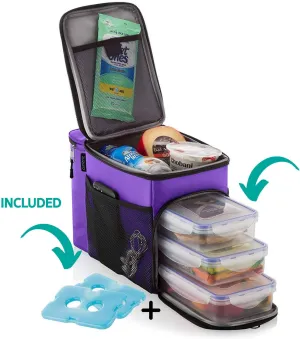 ZUZURO Lunch box Insulated cooler bag w/ 3 compartment - Includes 3 Meal Prep Containers - Detachable Shoulder Strap   2 Ice Packs. Great for Work Office or Travel Lunch Bag (Purple)