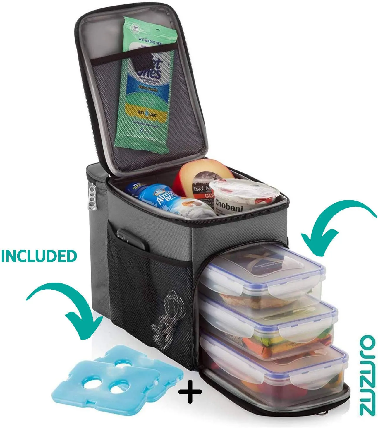 ZUZURO Travel Lunch Bag Insulated cooler Box w/ 3 compartment - Includes 3 Meal Prep Containers - Detachable Shoulder Strap   2 Ice Packs. Great for Work Office or Travel (Grey)