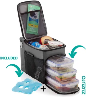 ZUZURO Travel Lunch Bag Insulated cooler Box w/ 3 compartment - Includes 3 Meal Prep Containers - Detachable Shoulder Strap   2 Ice Packs. Great for Work Office or Travel (Grey)